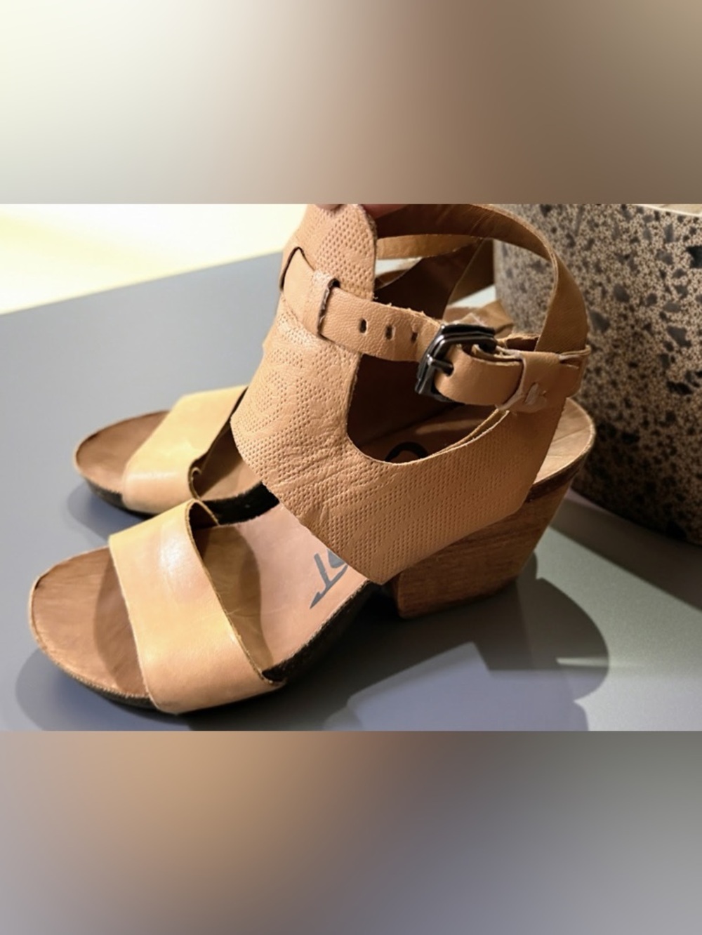 OTBT Tan Leather Block Heel Sandals